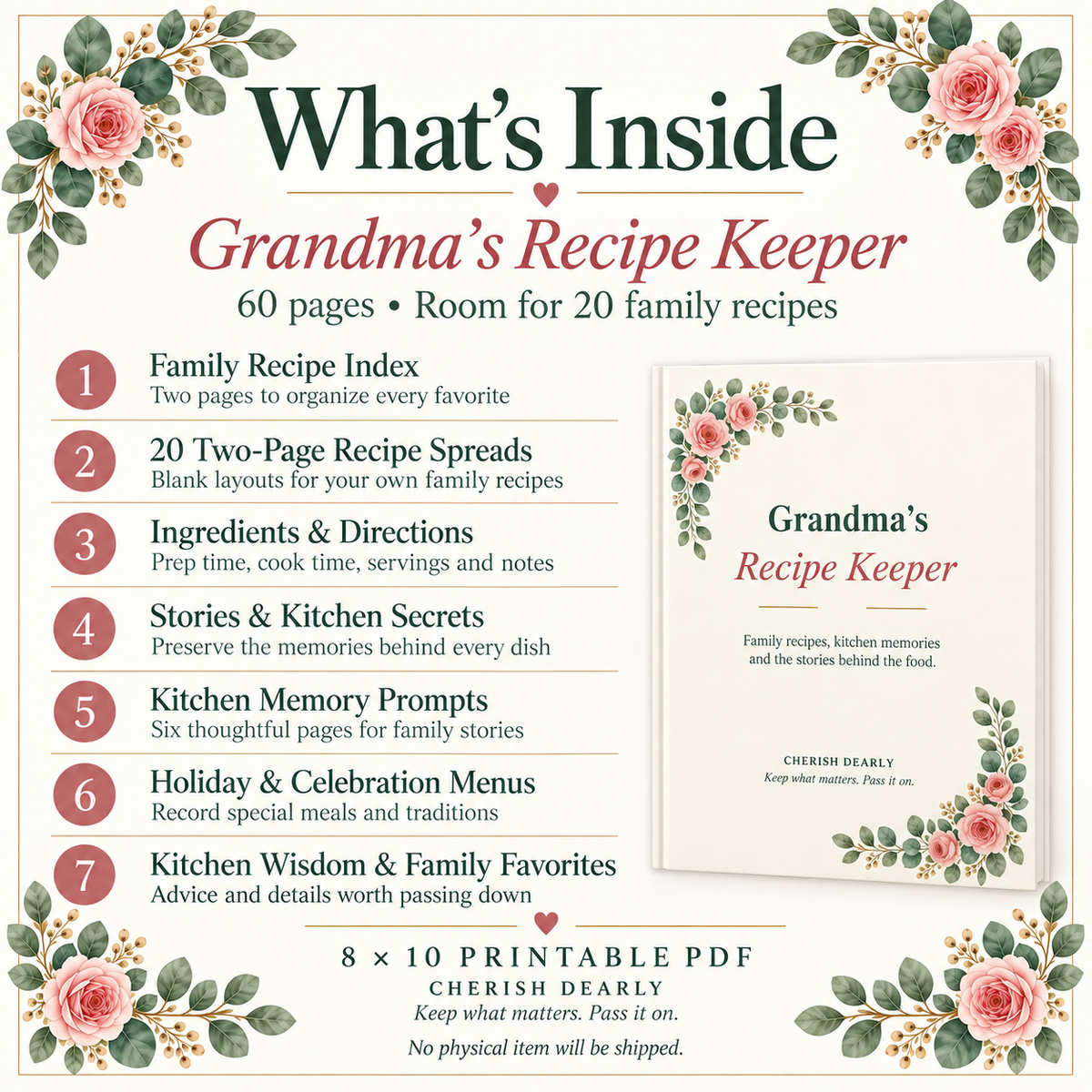 Grandma's Recipe Keeper - Printable Family Recipe & Memory Journal